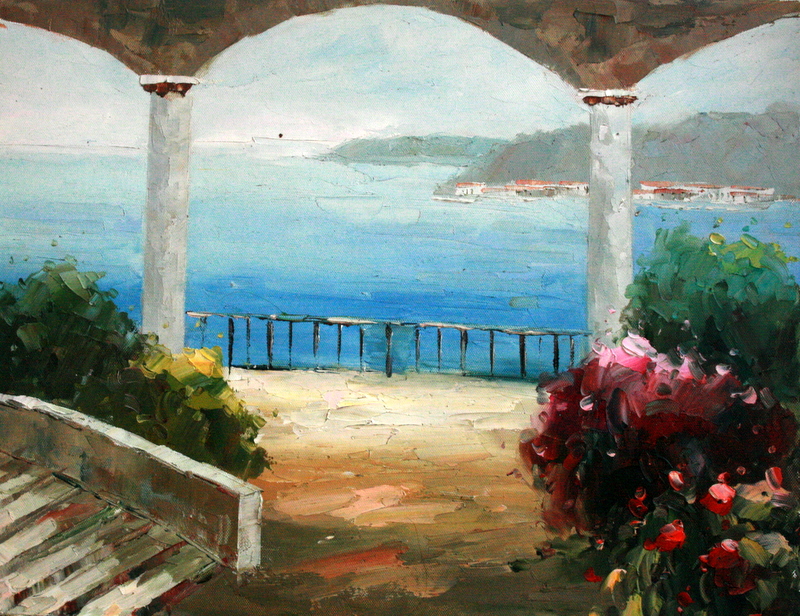 玄関・居間飾る油絵　手描き油絵 通常額有り 地中海風景
