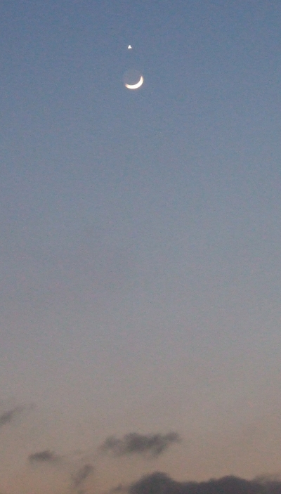 西の空で金星と三日月が ・) ←こんな感じにならんでる。